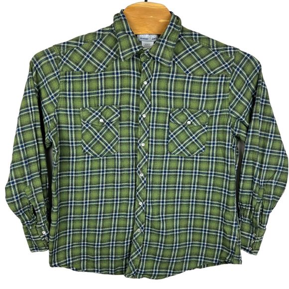Wrangler Wrangler Green Plaid Pearl Snap Long Sleeve Button Up Flannel Shirt XL - Picture 2 of 5